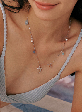 A Ray of Sunlight 自由岛屿海豚系列珍珠海蓝宝吊坠项链叠戴百搭