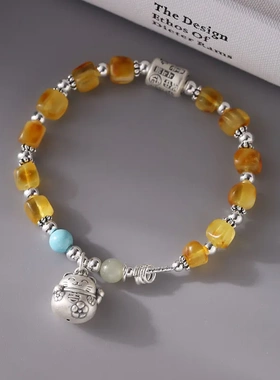 999足银招财猫蜜蜡手链女新中式国风设计手工串珠弹力绳手饰B6980