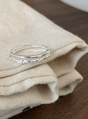 韩版小众设计感S925纯银不规则双层熔岩戒指女ins开口食指戒叠戴