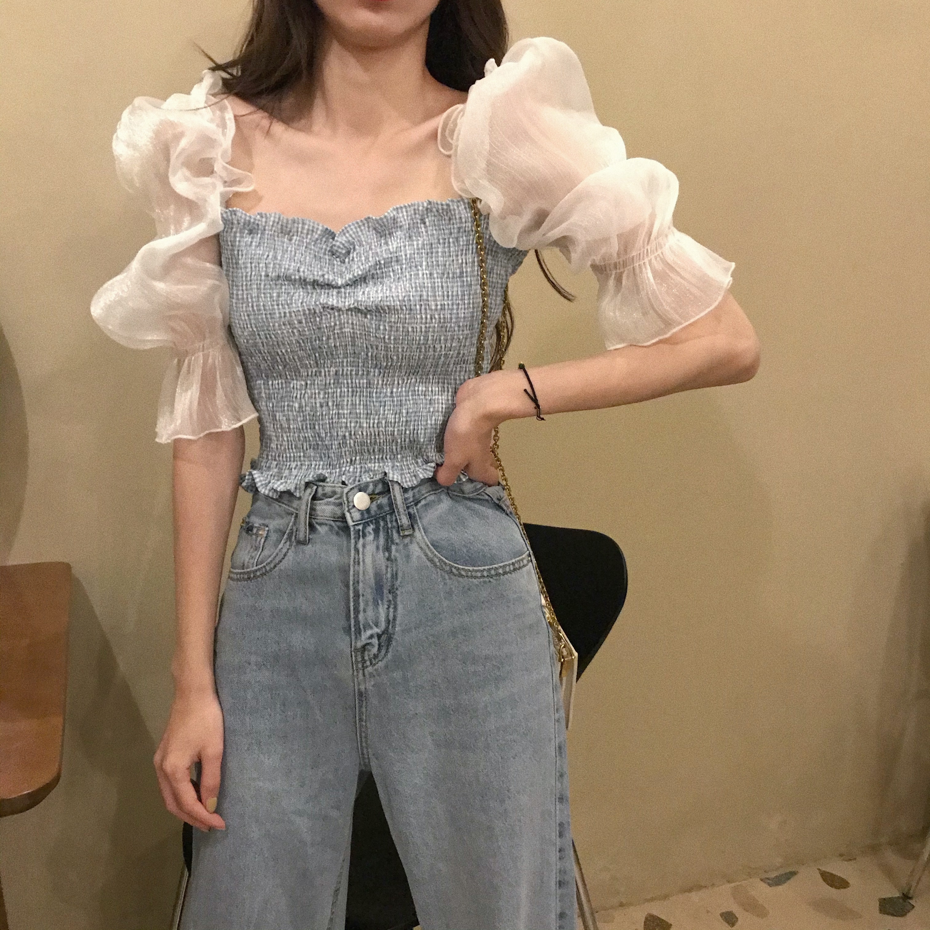 kumayeskumayes宫廷风短袖女年夏季新款雪纺衫性感格子显瘦蕾丝上衣2