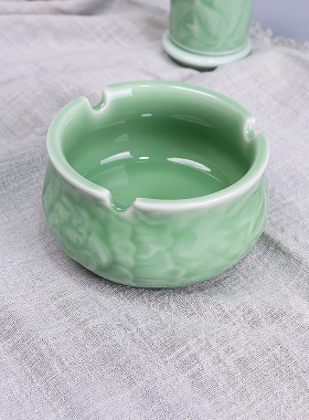 唐宫青瓷烟灰缸牡丹花款烟缸茶具摆件配件餐桌烟灰缸