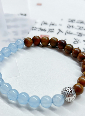 雅聿原创绿檀木珠冰海蓝玉髓手链