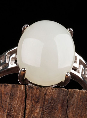 s925银饰天然和田玉戒指  女款白玉指环可伸缩调节保真送证书真品