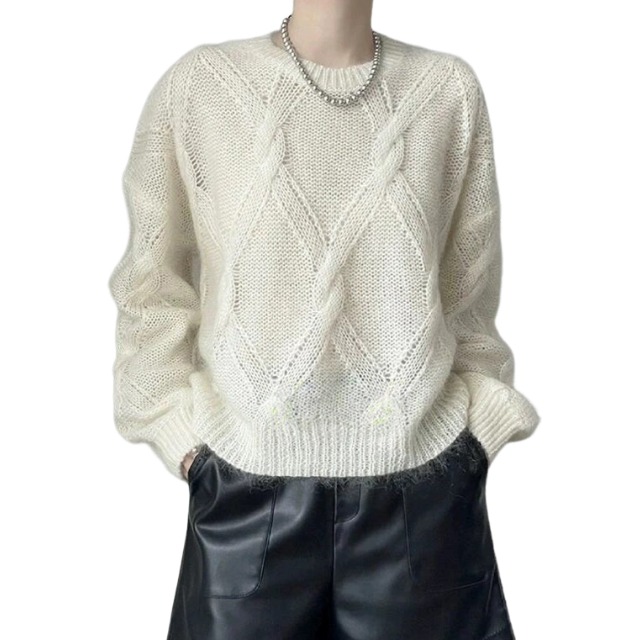 羊范24秋冬款圆领100%纯羊毛衫慵懒风菱形格针织衫女纯色百搭毛衣 - 图3