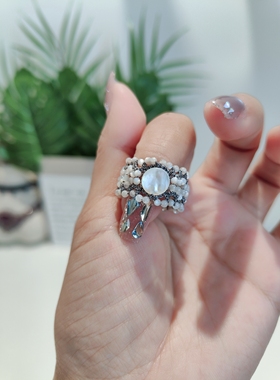 梭编蕾丝戒指手工定制成品指环黑尖晶拉长石饰品气质个性黑色食指