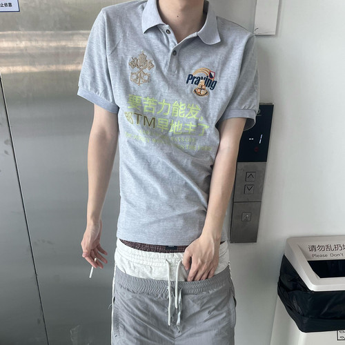praying恶搞趣味中文印花polo衫美式街头潮牌男女修身短款短袖T恤 - 图2