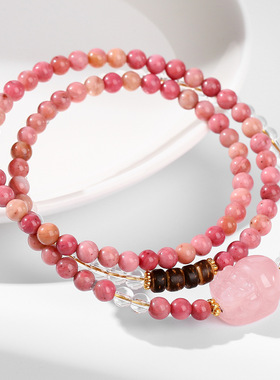 天然红纹石多圈手链 白水晶貔貅手工串珠新中式首饰招财旺运手串