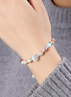 天然浅蓝蛇皮石猫眼手链手工编绳手串女生复古国风百搭寿山石手饰