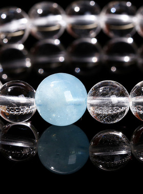 【7A天然冰透白水晶+ 海蓝宝顶珠手链】平静心绪能量水晶手串女生