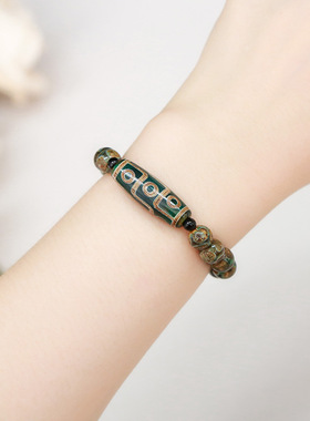 天然绿色九眼天珠长桶珠手链运势提升饰品复古图腾民族风手串男女