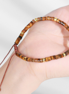 天然黄虎眼石隔片编织手链手工棉线编绳虎眼石隔珠民族风男女手串