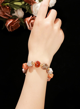 天然珊瑚玉六芒星随形手链彩色花纹宝石手串女复古民族风显个性