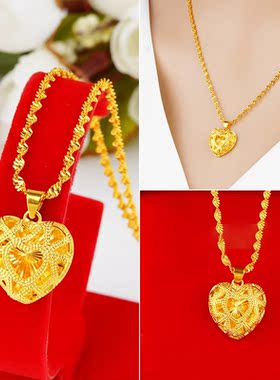 越南沙金爱心项链女镀金色镂空心形吊坠仿真金时尚百搭锁骨链项坠
