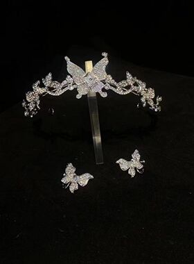笄玥新款蝴蝶皇冠头饰套装新娘结婚礼服配饰高级感蝴蝶结发饰头饰