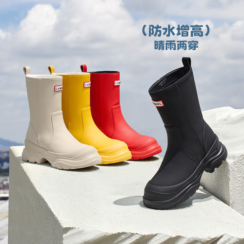 骆驼女鞋2026春季新雨靴女防水百搭厚底显高时装靴显瘦休闲短靴子 - 图3