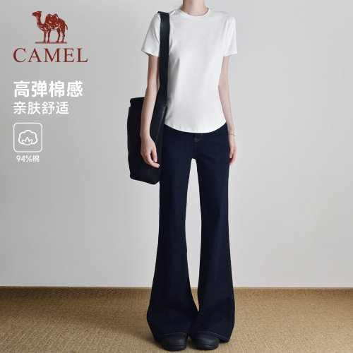 热巴同款骆驼正肩T神运动T恤女短款夏季新冰感打底棉纯色短袖上衣 - 图3