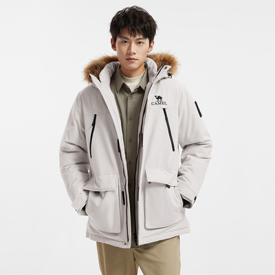 骆驼男装羽绒服黑色防水短款鸭绒冬季保暖面包服户外派克工装毛领