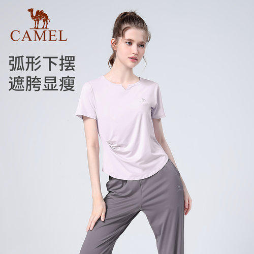 骆驼瑜伽服套装女夏季户外跑步服短袖运动服时尚专业健身服两件套-图3