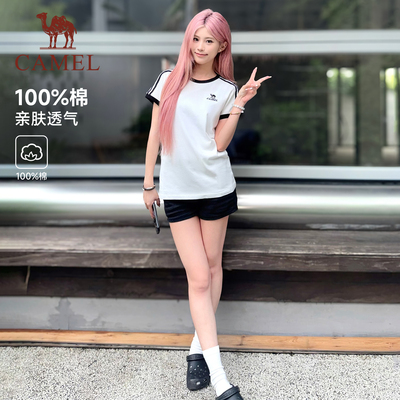 骆驼柔绵T神夏季棉t恤女短袖圆领情侣复古宽松运动休闲上衣体恤男