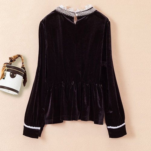 大码女装金丝绒衬衫2024秋冬胖MM收腰显瘦气质圆领高级感钉钻上衣 - 图0