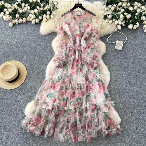 Floral Tulle Tiered Evening Gown Sheer Ruffled Max Sheer - 图2