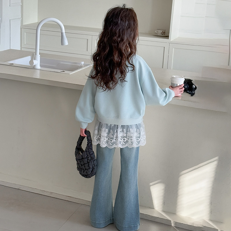 女大童春装卫衣套装春季时髦牛仔喇叭裤2025新款女孩韩范春秋款潮,淘宝优惠券,粉丝福利购,淘宝优惠卷