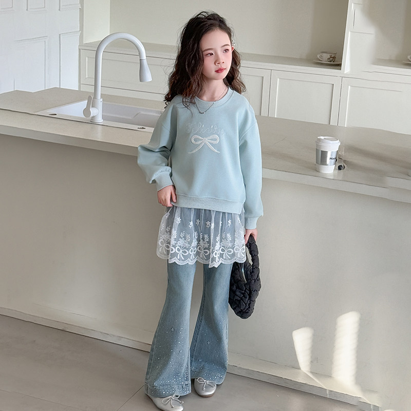 女大童春装卫衣套装春季时髦牛仔喇叭裤2025新款女孩韩范春秋款潮,淘宝优惠券,粉丝福利购,淘宝优惠卷