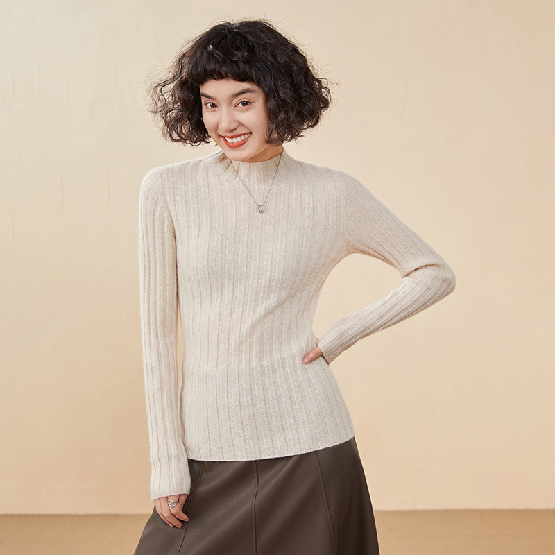极简风半高领羊绒衫女套头修身坑条针织打底衫保暖毛衣,淘宝优惠券,粉丝福利购,淘宝优惠卷