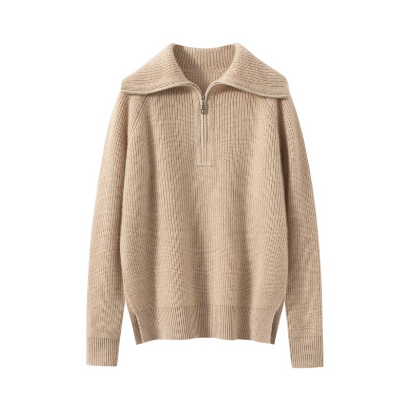 山羊绒衫女下摆开叉翻领半拉链针织套头毛衣百搭通勤风长袖上衣,淘宝优惠券,粉丝福利购,淘宝优惠卷