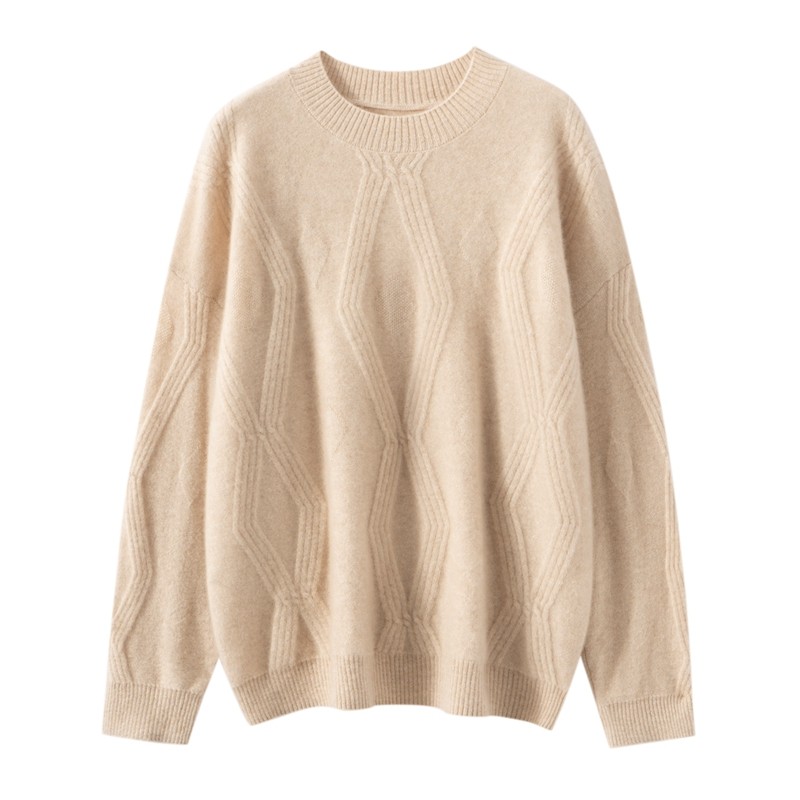 山羊绒衫女圆领绞花宽松慵懒风百搭套头针织毛衣长袖打底,淘宝优惠券,粉丝福利购,淘宝优惠卷