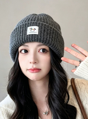 灰色毛线帽女2026冬季新款韩国百搭显脸小加厚保暖骑车防风针织帽