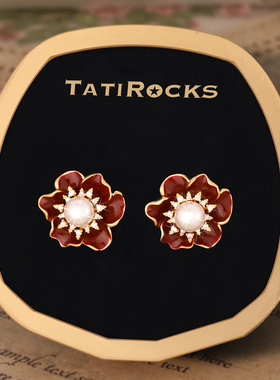丹麦【设计师】Tatirocks红色山茶花珍珠耳钉高级感轻奢女款耳环