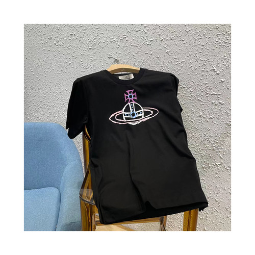 24夏季新款vw西太后蓝色土星印花logo纯棉短半袖T体恤tee宽松男女 - 图0