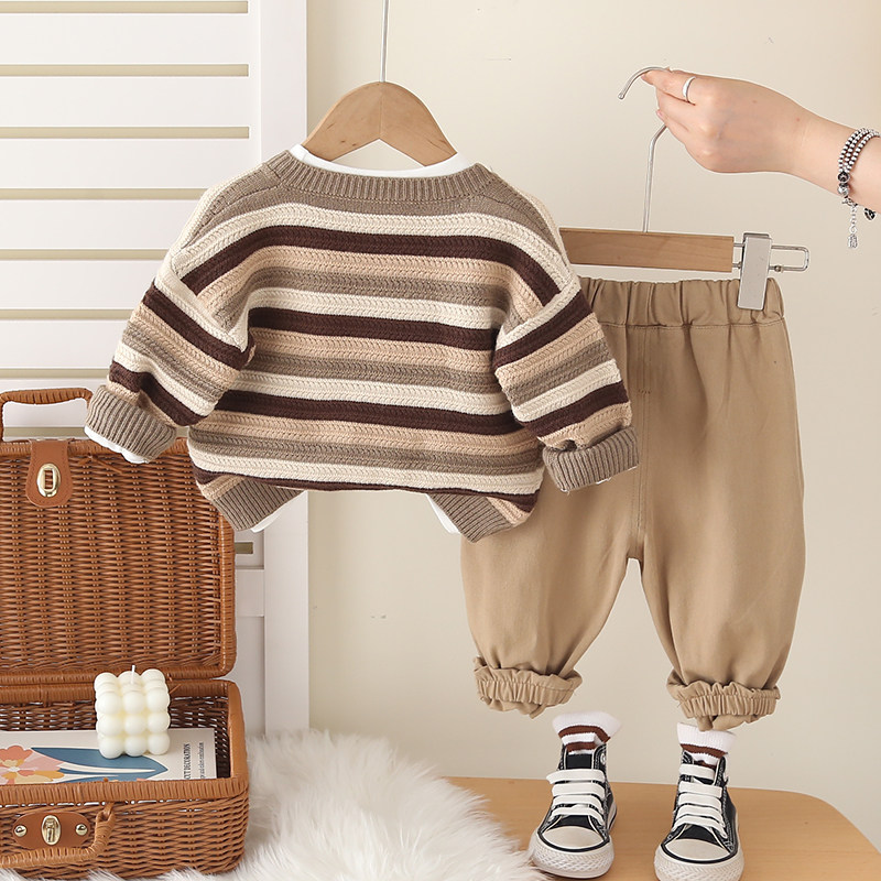 童装秋季2025新款男宝宝条纹毛衣开衫套装小童纽扣上衣三件套婴儿,淘宝优惠券,粉丝福利购,淘宝优惠卷