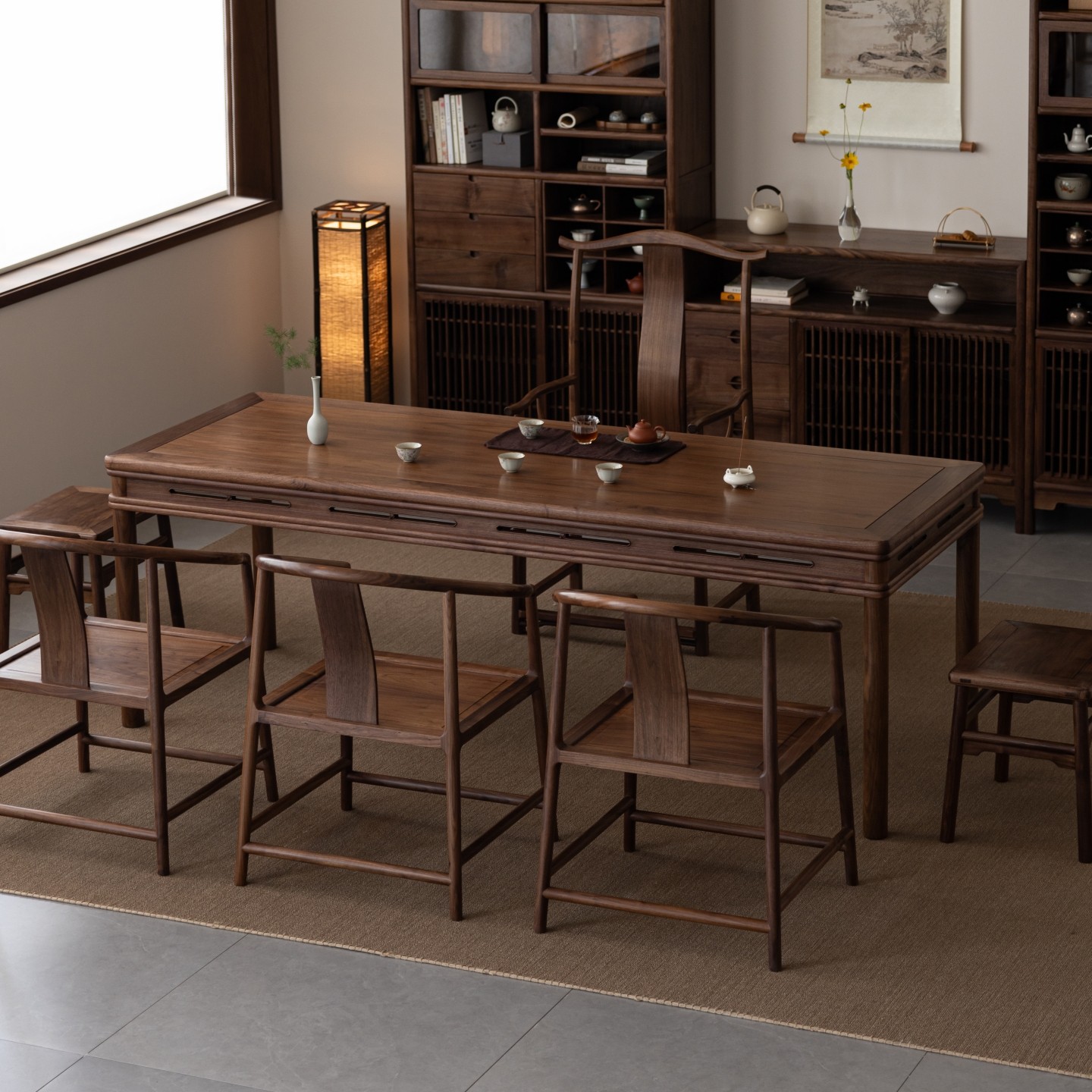 空器木作明宋式美学书桌黑胡桃实木新中式茶桌椅组合圆包圆茶室,淘宝优惠券,粉丝福利购,淘宝优惠卷