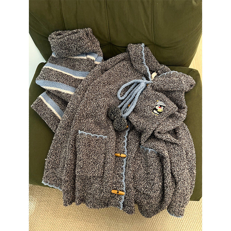 韩版慵懒风少女半边绒长袖开衫睡衣女秋冬季新款条纹家居服两件套,淘宝优惠券,粉丝福利购,淘宝优惠卷