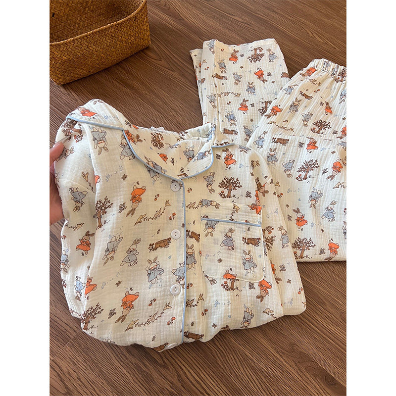 可爱兔子碎花印花棉纱长袖开衫睡衣女春秋款新款家居服套装可外穿,淘宝优惠券,粉丝福利购,淘宝优惠卷