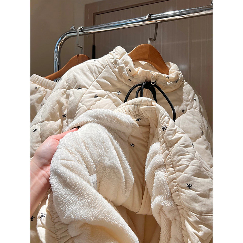 韩版少女蝴蝶结印花翻领夹棉长袖睡衣女秋冬季新款加厚家居服套装,淘宝优惠券,粉丝福利购,淘宝优惠卷