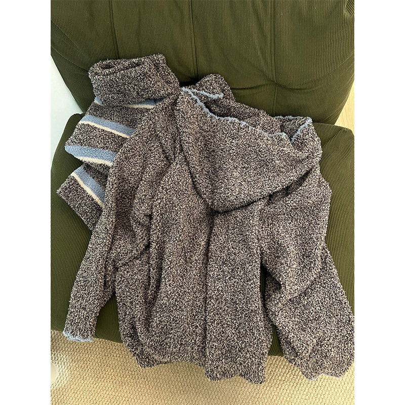 韩版慵懒风少女半边绒长袖开衫睡衣女秋冬季新款条纹家居服两件套,淘宝优惠券,粉丝福利购,淘宝优惠卷