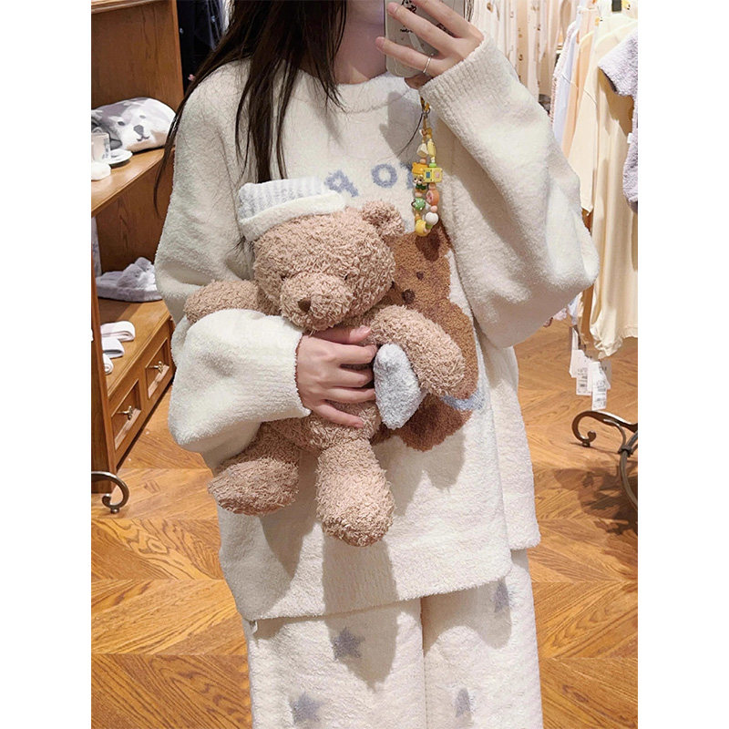 韩系ins可爱小熊印花半边绒睡衣女秋冬季新款家居服加厚套装外穿,淘宝优惠券,粉丝福利购,淘宝优惠卷