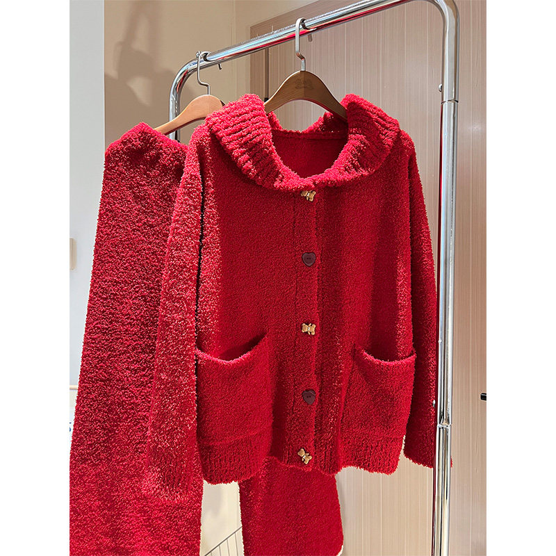 新年红色毛绒针织开衫睡衣女秋冬季新款家居服保暖家居服套装外穿,淘宝优惠券,粉丝福利购,淘宝优惠卷