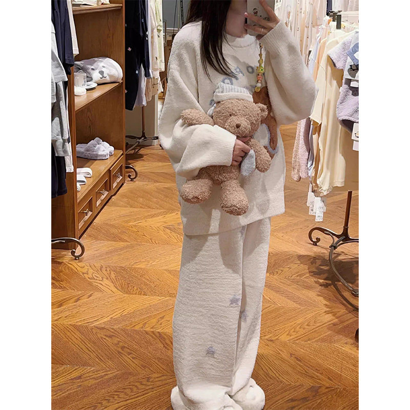 韩系ins可爱小熊印花半边绒睡衣女秋冬季新款家居服加厚套装外穿,淘宝优惠券,粉丝福利购,淘宝优惠卷