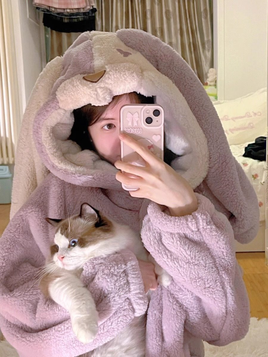 少女可爱小兔连帽珊瑚绒睡衣女冬季新款加厚长款睡袍家居保暖睡裙,淘宝优惠券,粉丝福利购,淘宝优惠卷