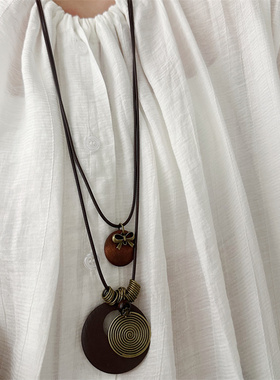 复古做旧金属圆牌吊坠多层项链波西米亚长款毛衣链民族风中古颈链