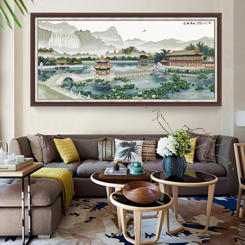 KS十字绣新款线绣中式名画荷塘大幅客厅风水风景园林晨晓手工绣 - 图0