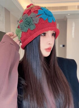 日系甜美手钩彩色立体花朵包头帽女秋冬保暖堆堆帽时尚针织毛线帽