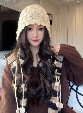2025年春秋季文艺复古花朵包头帽子女手工流苏针织毛线帽正反两戴