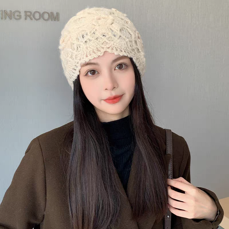帽子女冬季2025新款包头毛线帽手工钩花朵保暖针织镂空女士遮白发 - 图0