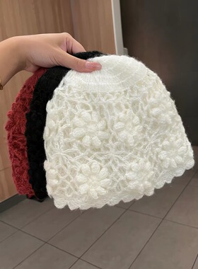 手工花朵包头帽子女时尚套头帽百搭堆堆帽冬季防寒保暖针织毛线帽