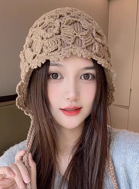 2025春秋季新款流苏钩花双层毛线帽女保暖护耳针织帽百搭时尚帽子
